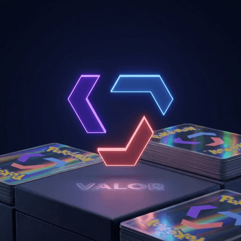 Valor AIO — neon logo over Pokémon card boxes